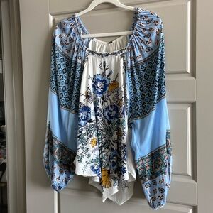 Free People long sleeve blue and white printed top, gently used